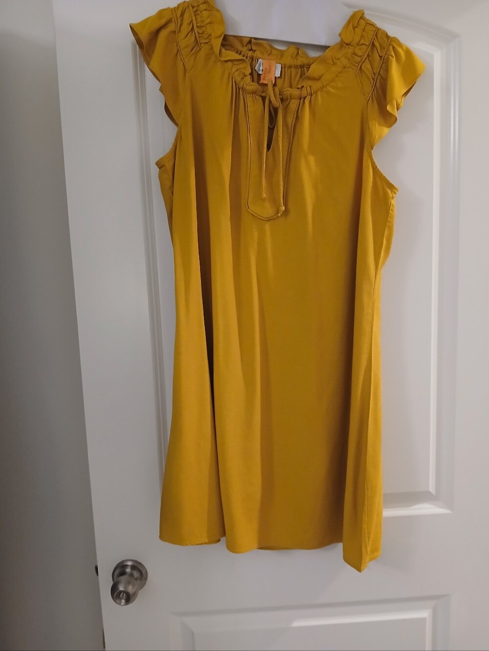 Linen Blend Mustard Yellow Ruffle Sleeve Shift Dress